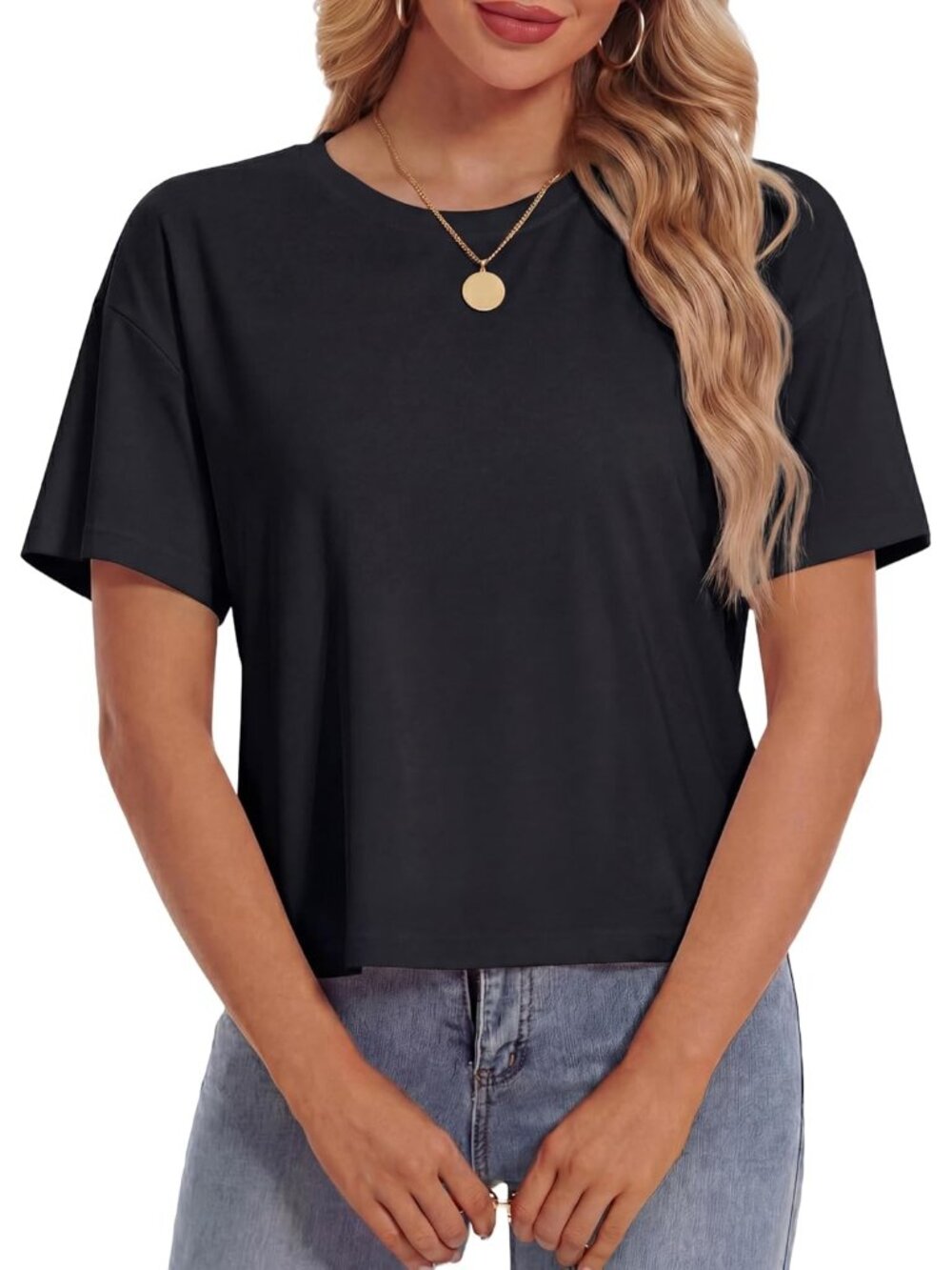 Women's Black Short Sleeve Round Neck Summer Casual Loose Cotton Crop Tops